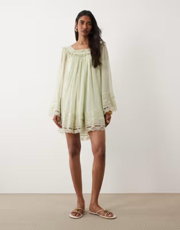 ミスセルフフリッジ レディース トップス ワンピース シフォン ミニ レース Misselfridge chiffon lace mini dress in sage セージ|ReVida 店