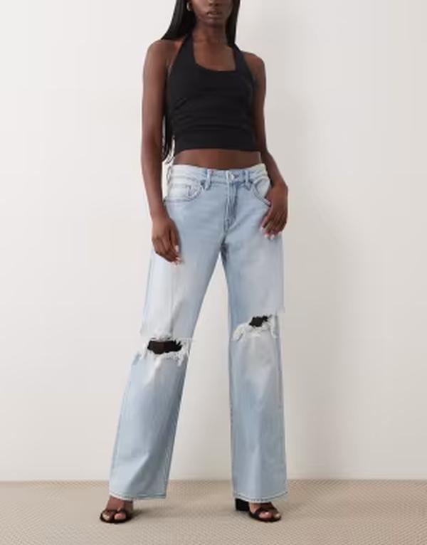 好ましいアメリカン レディース ボトムス ジーンズズボン下 デニム Good American lowaist baggy fit rip jeans インチ light blue wash LIGHT BLUE 青色