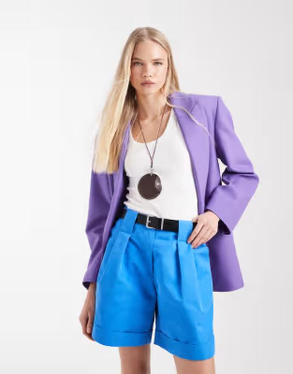エイソス レディース ボトムス 二分の一ズボン下・さる股引き 遊撃手ズボン下 ASOS DESIGN Tailored belted turn up shorts インチ bright blue 青み