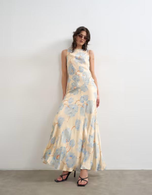 とっ始め販売店 レディース トップス 衣装 御花柄 繻子 マキシ 御花 Topshop satin racer neck maxi dress floral jacquard Floral Print 青み