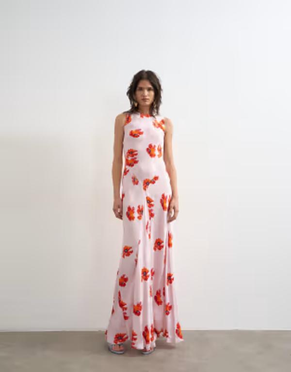 とっ始め販売店 レディース トップス 衣装 御花柄 繻子 マキシ 御花 Topshop satin racer neck maxi dress floral jacquard Pink floral print サクラ色
