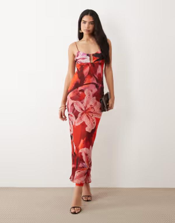 エイソス レディース トップス 衣装 御花柄 刷り上げる 繻子 マキシ 御花 ASOS DESIGN satin bust bias cut maxi dress floral print Red Floral 赤いこと