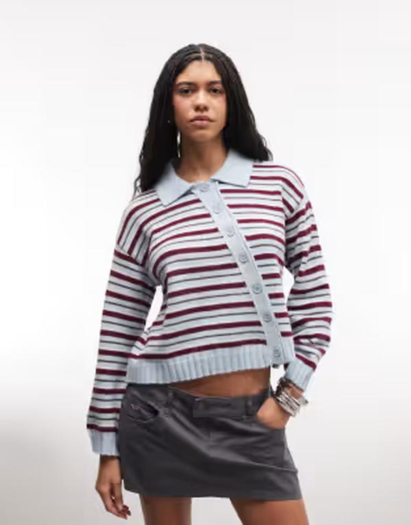 リクレイム ヴィンテージ レディース アウター カーディガン アシンメトリー Reclaimed Vintage striped asymmetricardigand blue stripes Blue Pink Stripe ブルー｜ReVida 店