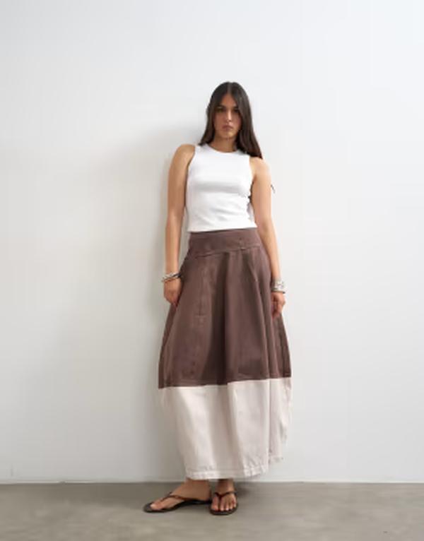 いの一番販売店 レディース 下つ方スコート ジーンズ マキシ Topshop denim barrel seamed maxi skirt and ecru Tobacco and Ecru エクリュ