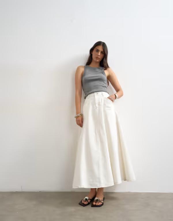 とっ始め販売店 レディース 下つ方スコート ジーンズ マキシ Topshop denim circle seamed maxi skirt インチ bone ジーンズ