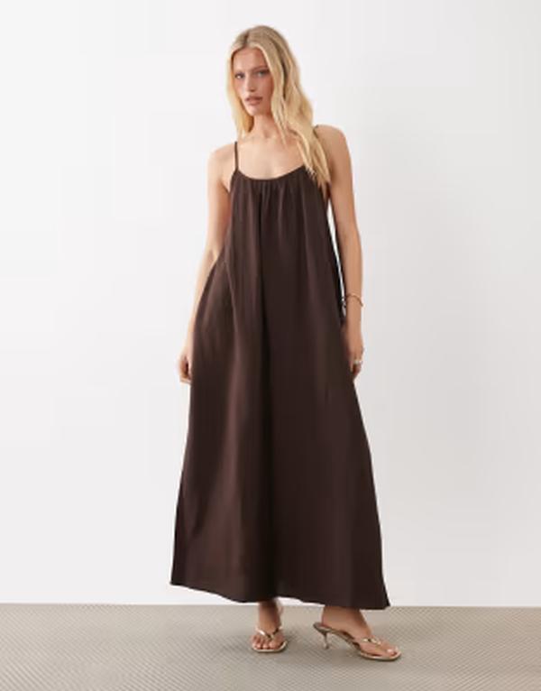 離宮 レディース トップス 衣装 綿織物 マキシ VILA crinkle cotton maxi cami slip dress インチ chocolate Coffee Bean 珈琲