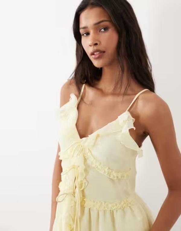 ヴィラ レディース トップス シャツ VILA tie front cami top with frill trim in pastel yellow Pastel Yellow イエロー｜ReVida 店