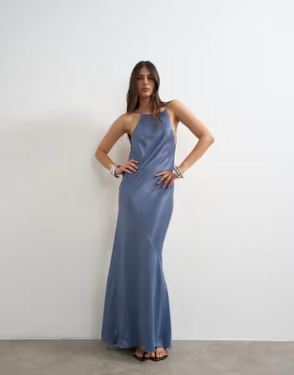 とっ始め販売店 レディース トップス 衣装 繻子 ジーンズ マキシ ホルター Topshop satin bias halter neck open scoop back maxi dress インチ denim blue ジーンズ