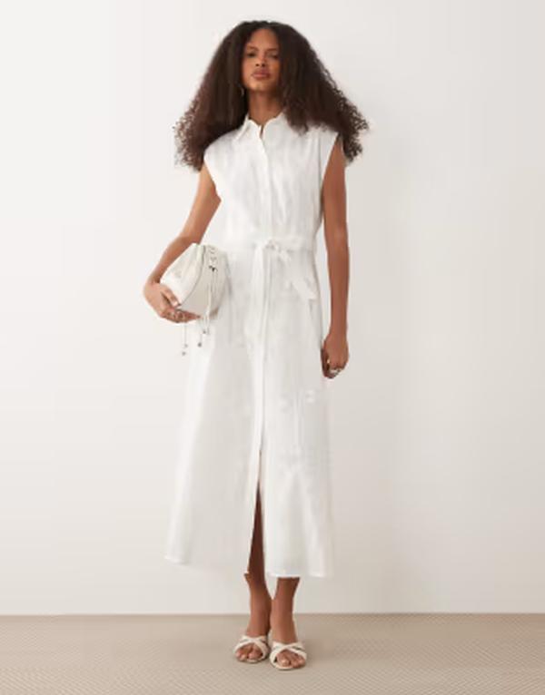 マンゴ レディース トップス 衣装 midi プルオーバー 綿織物 刺しゅう Mango 100% cotton embroidered tie waist MIDI shirt dress BEIGE ベージュ