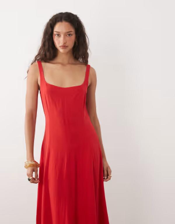 エイソス レディース トップス 衣装 リネン マキシ ASOS DESIGN linen blend seam detail maxi dress Red 赤いこと