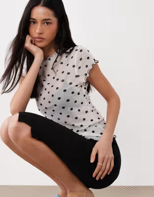 エイソス レディース トップス Tシャツ セミシアー ドット柄 ドット プリント シアー ASOS DESIGN semi sheer printed grown oneck baby tee in polka dot print Polka dot ドット｜ReVida 店
