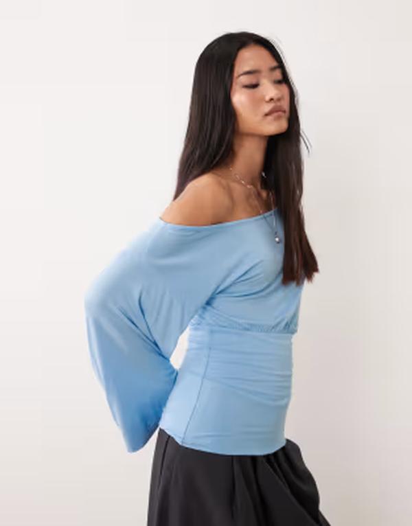 エイソス レディース トップス Tシャツ ウエストマーク ASOS DESIGN fallen shoulder cinched waistop in light BLUE ブルー｜ReVida 店