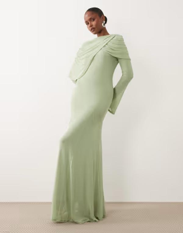 エイソス レディース トップス ワンピース ドレープ メッシュ オーバーレイ マキシ ASOS DESIGN Modesty mesh maxi dress with overlay draped neckline detail in sage Green グリーン｜ReVida 店