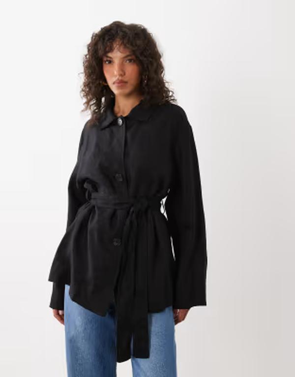 マンゴ レディース アウター 上衣・上衣 リネン Mango 100% linen tailored jacket with belt detail Black 黒いこと
