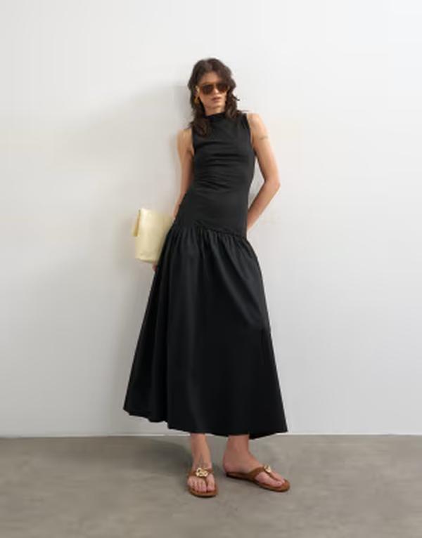 トップショップ レディース トップス ワンピース オープンバック Topshop dropped waist poplin mix open back midaxi dress Black ブラック|ReVida 店