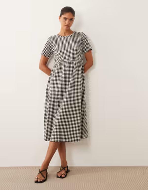 スリードベア レディース トップス 衣装 ギンガム読み合わせる 刷り上げる MIDI プルオーバー ギンガム Threadbare jersey short sleeve MIDI dress and white gingham print Black 黒いこと
