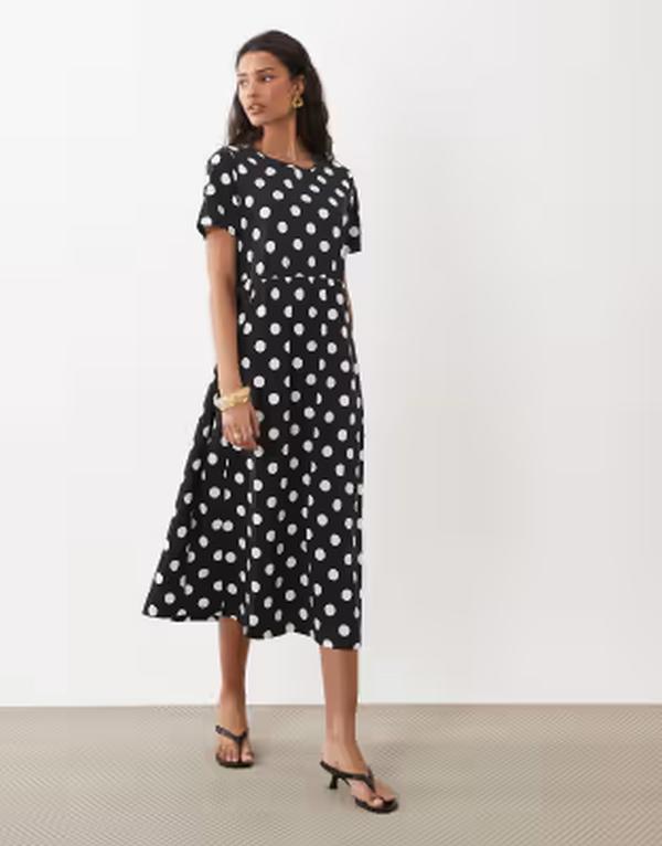 スリードベア レディース トップス 衣装 点点柄 点点 刷り上げる MIDI プルオーバー Threadbare jersey short sleeve MIDI dress and white polka dot print Black 黒いこと