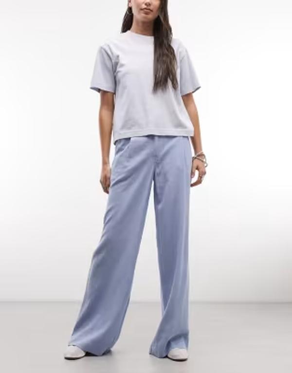 エイソス レディース ボトムス 心地好いズボン下 ワイドレッグ リネン ASOS DESIGN wide leg pants with pleat detail インチ linen look Blue 青み