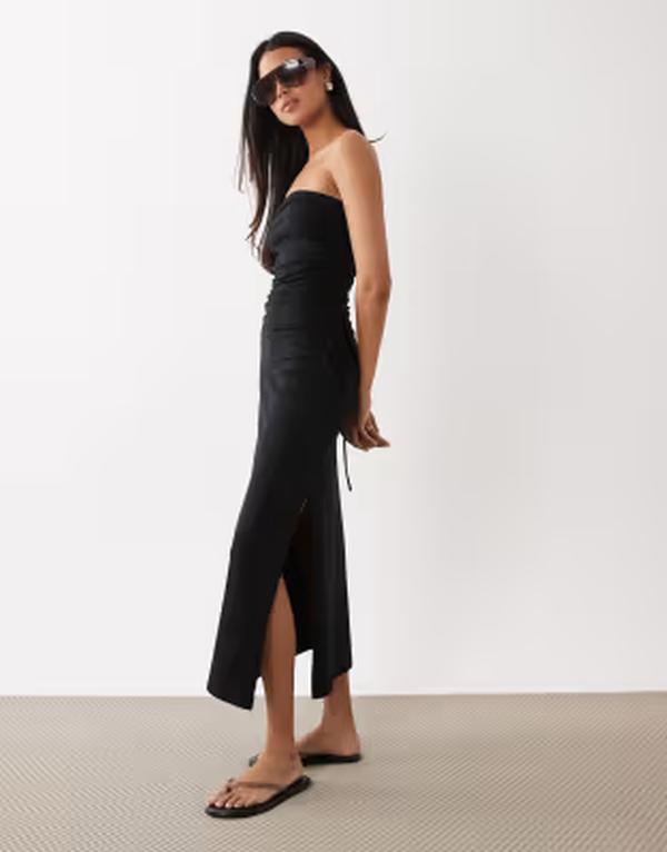 エイソス レディース トップス ワンピース ギャザー ミディ ASOS DESIGN bandeau ruched side midi dress Black ブラック｜ReVida 店