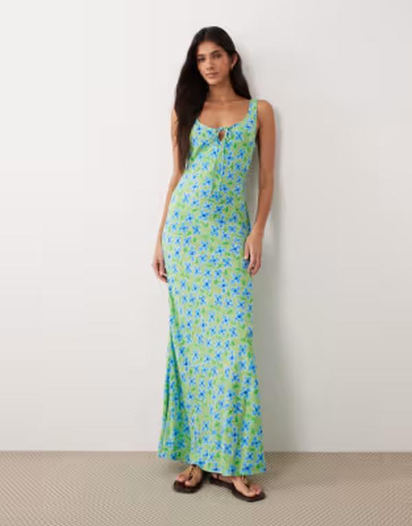 エイソス レディース トップス 衣装 御花柄 刷り上げる midi 御花 ASOS DESIGN scoop neck tie front MIDI dress floral print Green floral 緑であること