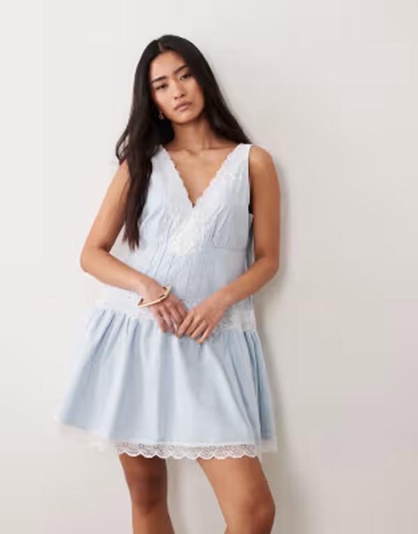 ミスセルフフリッジ レディース トップス 衣装 ジーンズ スピード競技 Misselfridge lace mix chambray denim dress wash Light blue wash 青み