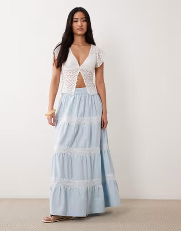 ミスセルフフリッジ レディース ボトムスカート レース マキシ Misselfridge lace mix chambray maxi skirt in light blue wash Light blue wash ブルー|ReVida 店