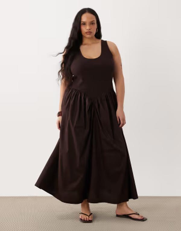 エイソス レディース トップス ワンピース ミディ スカート ASOS Curve ASOS DESIGN Curve basque waist midi dress with woven skirt Chocolate チョコレート｜ReVida 店