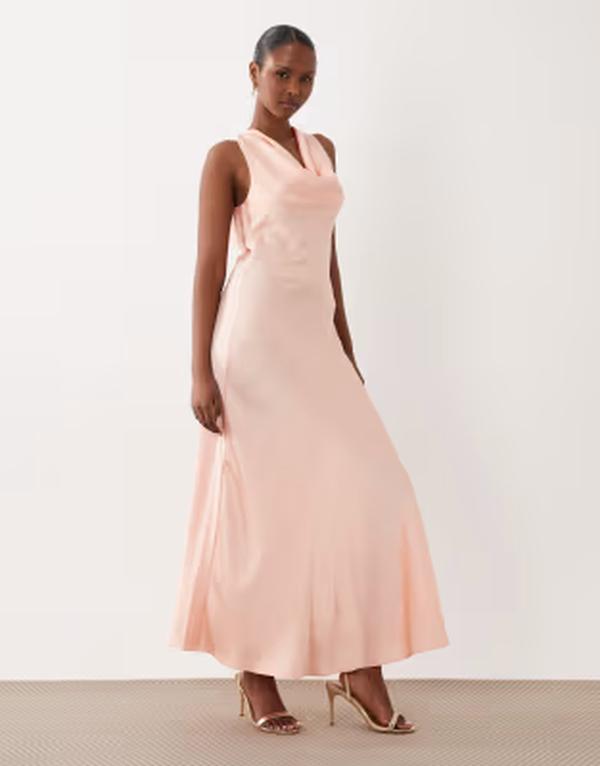 ヴィラ レディース トップス ワンピース サテン マキシ ホルター VILA halter cowl neck satin maxi dress in peach parfait Peach parfait ピーチ｜ReVida 店