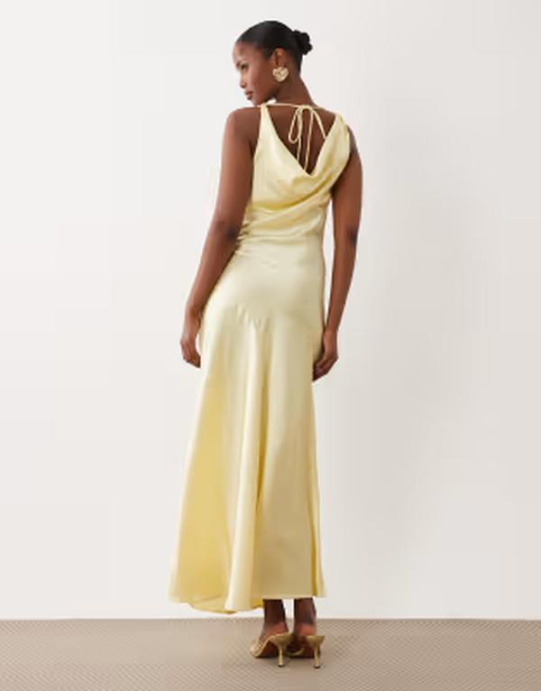 ヴィラ レディース トップス ワンピース サテン マキシ ホルター VILA halter cowl neck satin maxi dress in pastel yellow Pastel Yellow イエロー｜ReVida 店