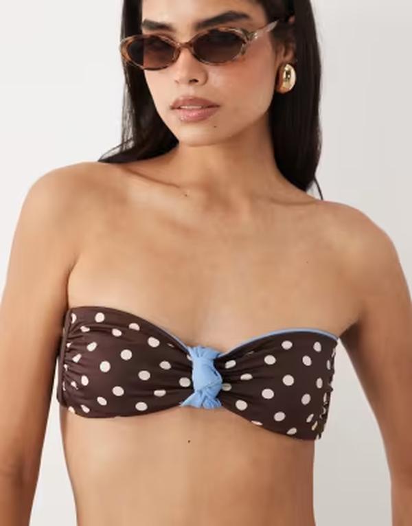 エイソス レディース 水泳着 いの一番のみ 点点柄 点点 刷り上げる ASOS DESIGN Bonnie polka dot knot front reversible bandeau bikini top インチ choc polka dot print Choc Polka Dot 点点