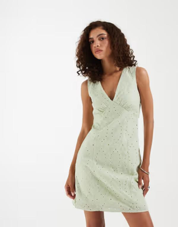 ヴェロモーダ レディース トップス 衣装 V素っ首 ミニ 綿織物 Vero Moda cotton broderie v neck mini dress インチ pale fog Green emb 緑であること