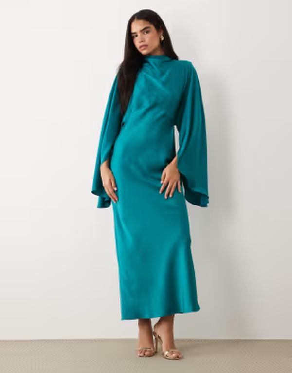 エイソス レディース トップス ワンピースタンドネック 繻子 マキシ ASOS DESIGN funnel neck satin maxi dress with exaggerated sleeves インチ turquoise 青緑色