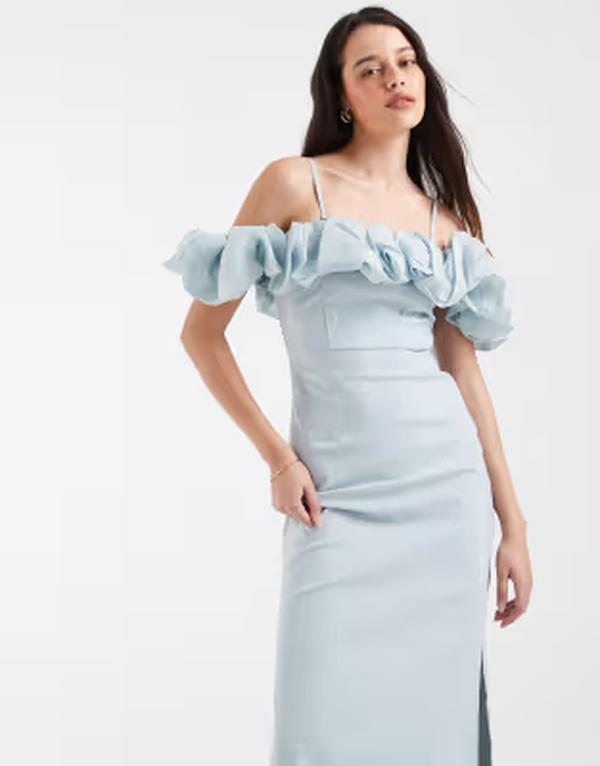 オブジェクト レディース トップス ワンピース フリル サテン マキシ Object extreme off the shoulder satin ruffle trimaxi dress in soft Winter sky ブルー|ReVida 店
