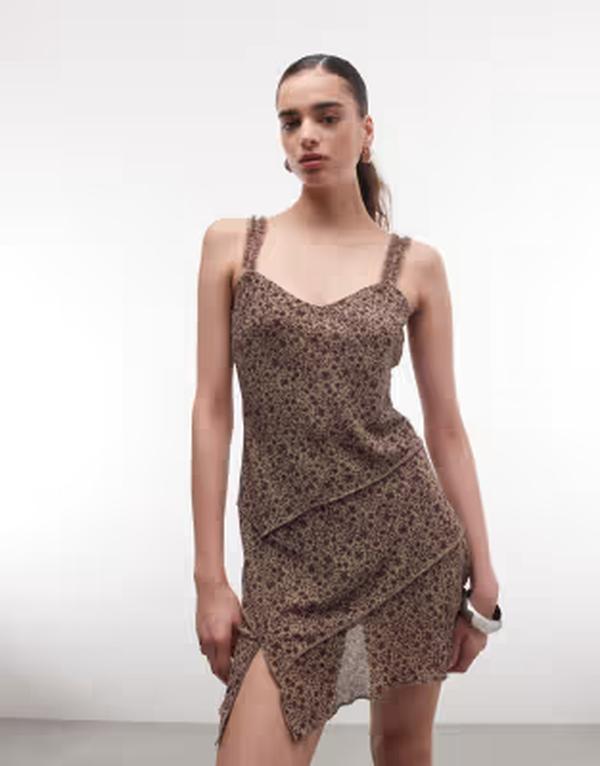 モンキ レディース トップス ワンピース フラワー柄 プリント ミニ フラワー Monki layered mini dress floral print Brown ブラウン｜ReVida 店