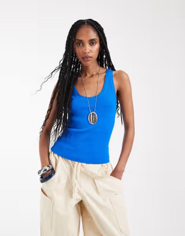 マンゴ レディース トップス より良い 綿織物 Mango cotton rich scoop neck tank top BLUE 青色