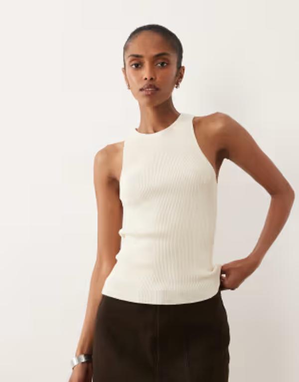 マンゴ レディース トップス より良い 綿織物 Mango cotton mix racer tank top インチ cream BEIGE ベージュ
