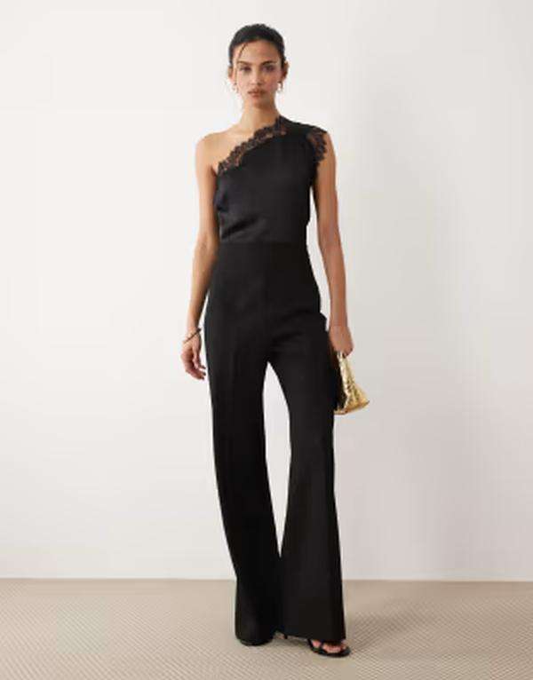 マンゴ レディース トップス 飛び降りる背広 スピード競技 Mangone shoulder jumpsuit with lace detail Black 黒いこと