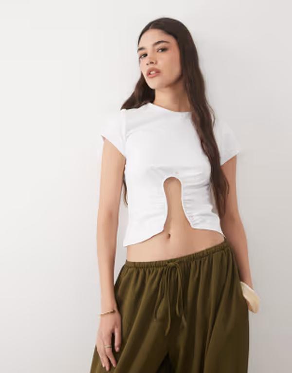 エイソス レディース トップス プルオーバー ASOS DESIGN short sleeve crop top with wire trim detail White 白いこと