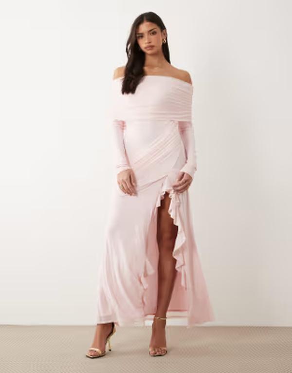 エイソス レディース トップス 衣装 ドレープ フラウンス メッシュ マキシ ASOS DESIGN mesh off the shoulder maxi dress with drape and ruffle detailing インチ baby PINK サクラ色