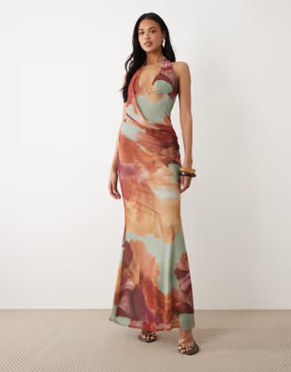 エイソス レディース トップス 衣装 御花柄 ドレープリント メッシュ マキシ 御花 ホルター ASOS DESIGN printed mesh floral halter maxi dress with draped sash detail インチ sage GREEN 緑であること