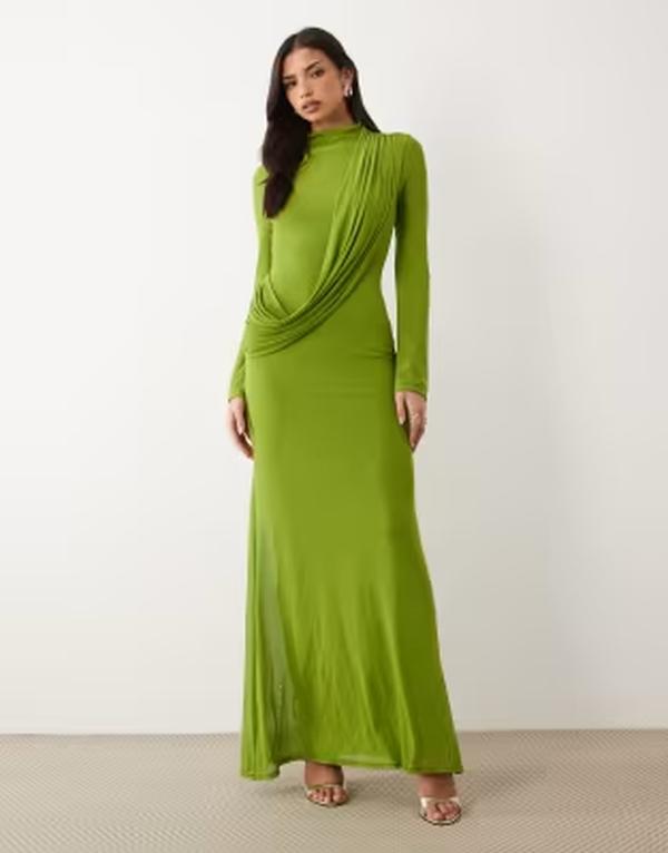 エイソス レディース トップス ワンピース ドレープ マキシ ASOS DESIGN long sleeve maxi dress with draped bodice detailingREEN グリーン｜ReVida 店