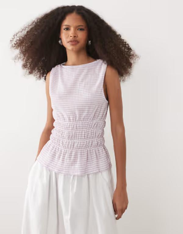 エイソス レディース トップス プルオーバー ギンガム読み合わせる ノースリーブ ギンガム ASOS DESIGN sleeveless with shirred waistop インチ lilac gingham 紫はしどい
