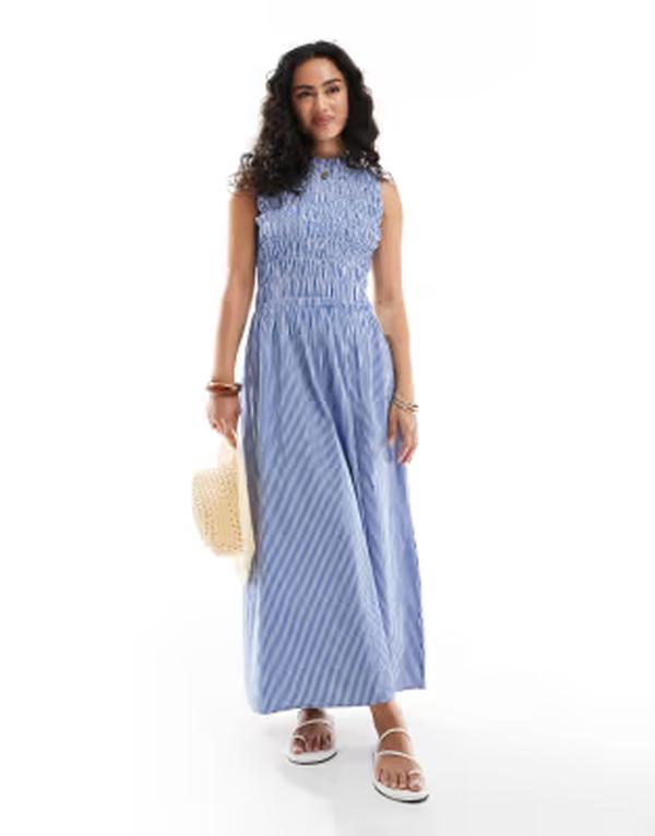 オンリー レディース トップス 衣装 ギンガム照合のしるし マキシ ギンガム ONLY dropped waist shirred maxi dress インチ light blue gingham LIGHT BLUE 青み