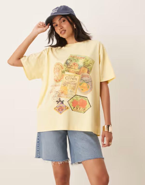 エイソス レディース トップス プルオーバー グラフィック ASOS DESIGN oversized t-shirt with stamp graphic インチ yellow 黄色