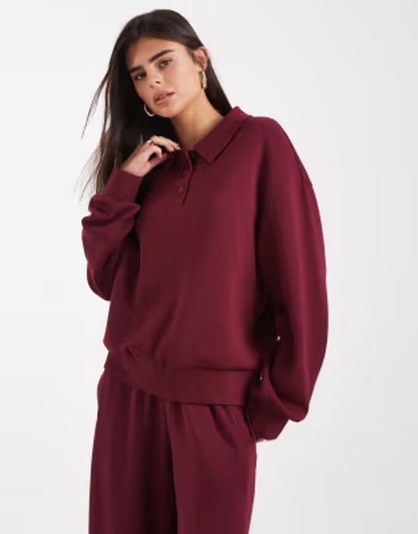エイソス レディース アウター パーカー・スウェット プルオーバー ASOS DESIGN softouch cupro henley sweatshirt Burgundy バーガンディ