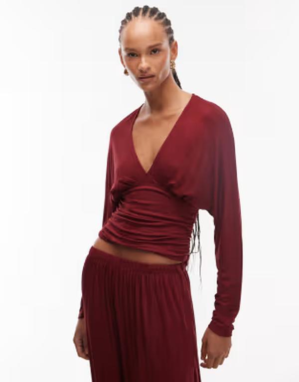 エイソス レディース トップス プルオーバー Vのど首 ASOS DESIGN slouchy v neck long sleeve with waist detail - part of a set Burgundy バーガンディ