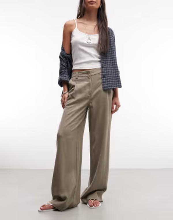 エイソス レディース ボトムス 心地好いズボン下 ワイドレッグ リネン ASOS DESIGN wide leg pants with pleat detail インチ linen blend Khaki カーキ
