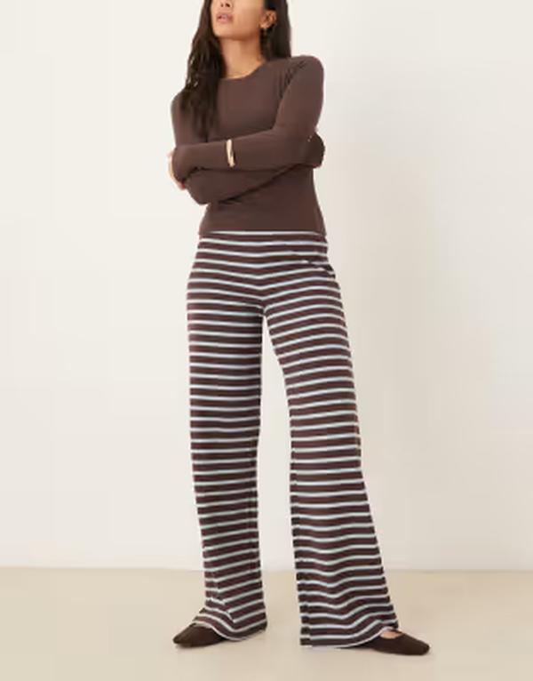 エイソス レディース ボトムス 心地好いズボン下 ワイドレッグ ASOS DESIGN brushed wide leg pantstripes - part of a set BLUE 青み