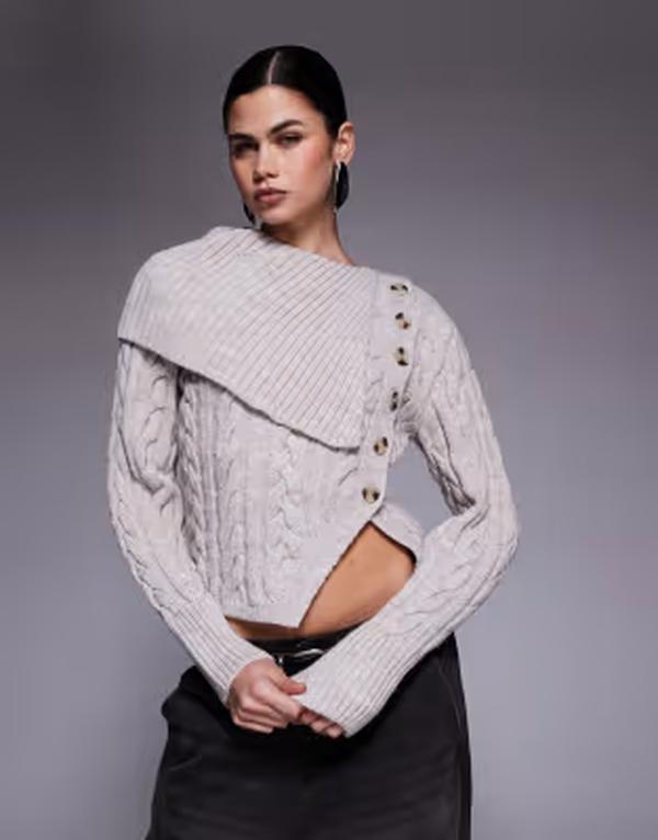 リバーアイランド レディース アウター 編み物・スウェーター River Island Cable knit fold over sweater - light BEIGE - LIGHT ベージュ