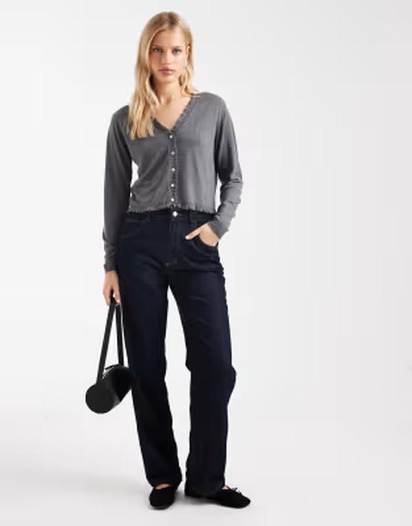 マンゴ レディース アウター カーディガン Vネック Tシャツ ニット Mango Teen v necknit cardigan with frill trim Gray グレー｜ReVida 店